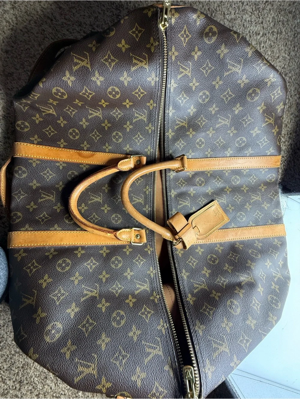 Louis Vuitton Brown Monogram Keepall Travel Duffel - Tan Leather Trim